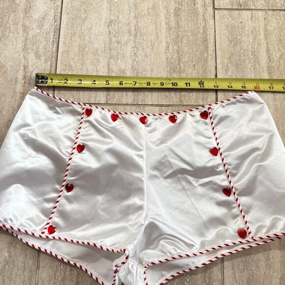 Vintage White Satin mini Micro Shorts red Heart rhinestones Sz L Coquette lolita - Picture 2 of 7